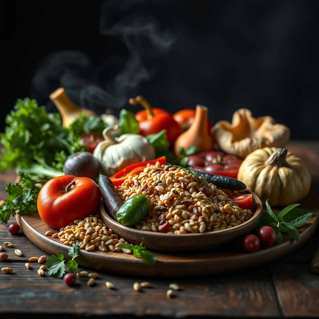 A variety of fresh vegetables, fruits, grains and legumes arranged on a wooden surface