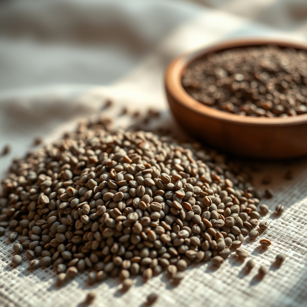 Chia seeds close-up on a natural linen surface with soft directional light