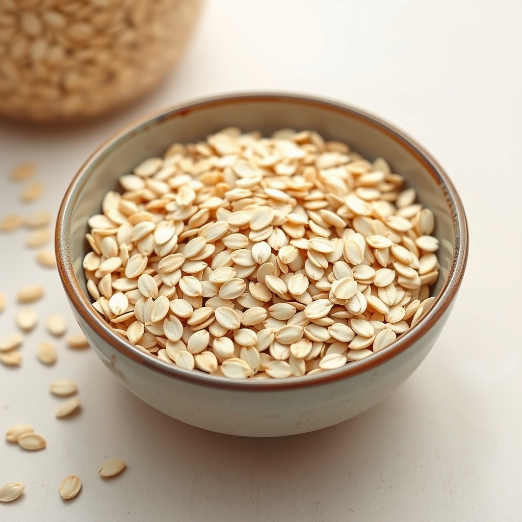 Whole oats in a ceramic bowl on a light background