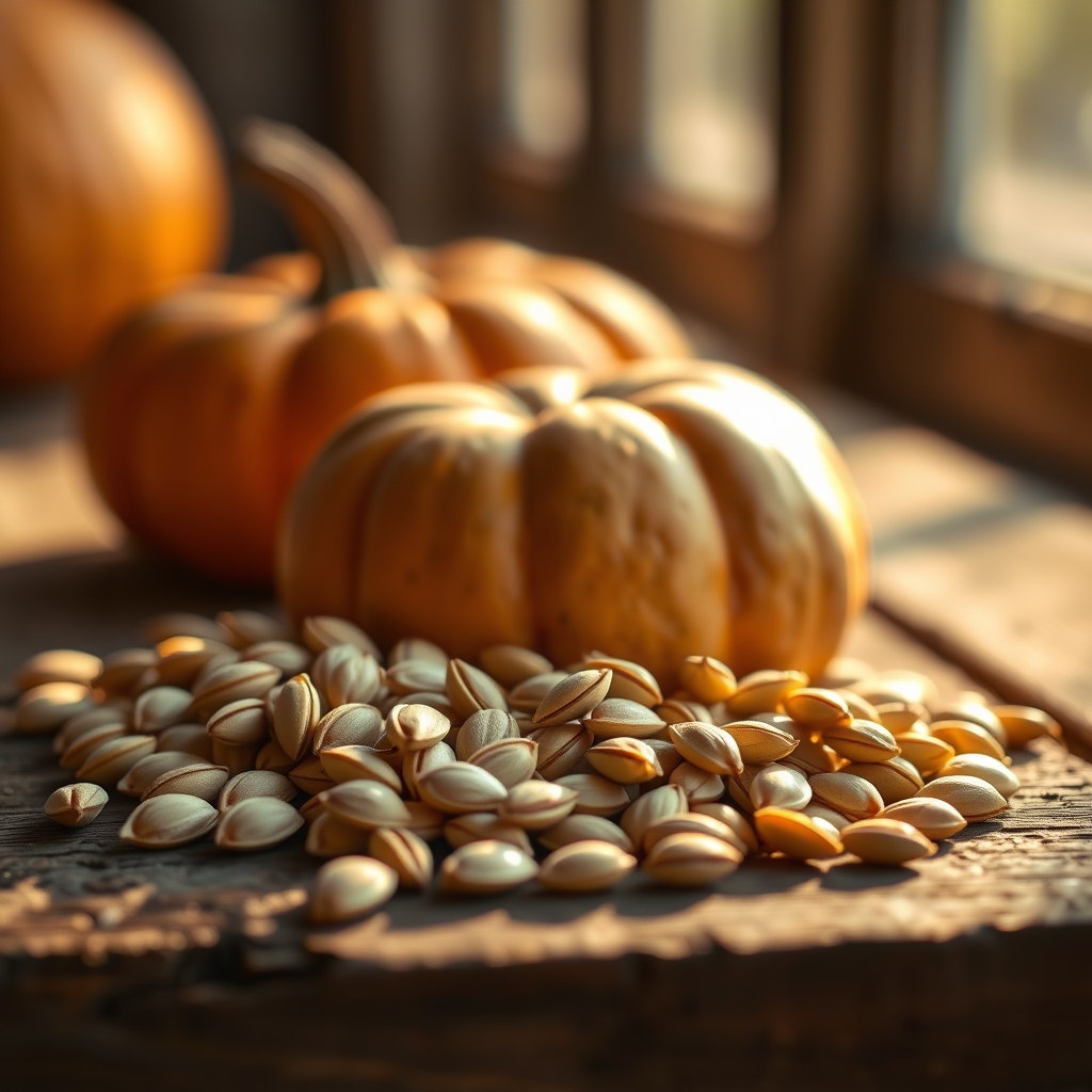 Pumpkin seeds on a rustic wooden surface in warm afternoon light