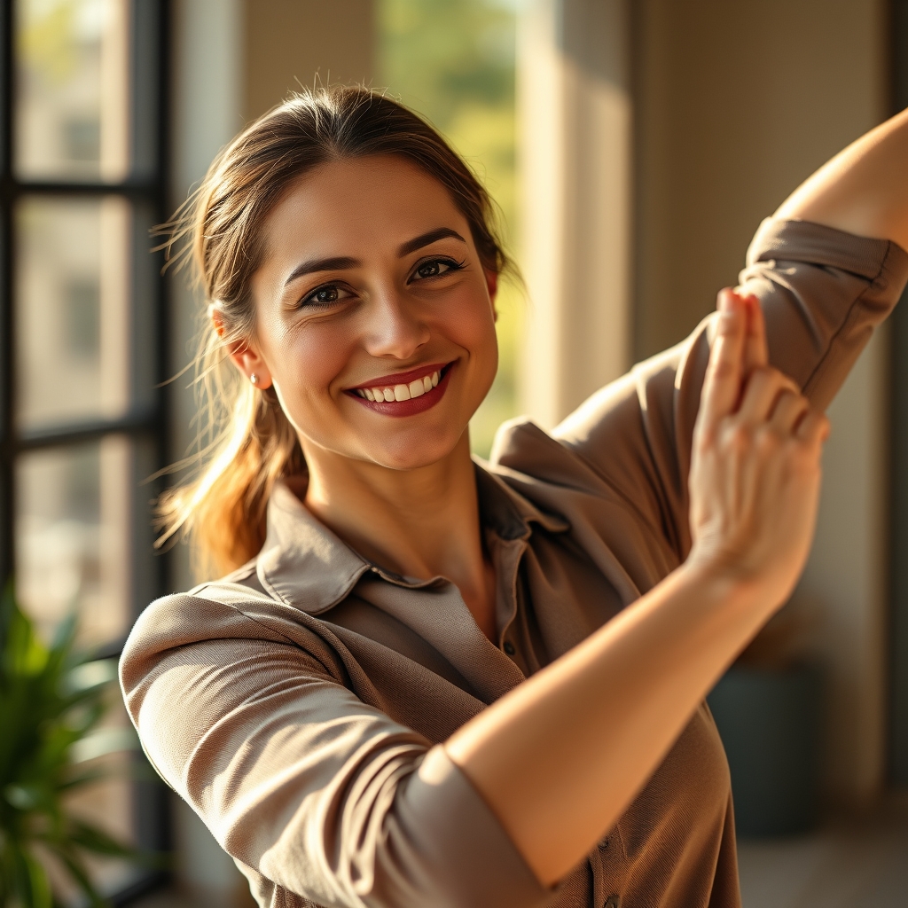 A person practicing gentle stretching in a sunlit outdoor environment