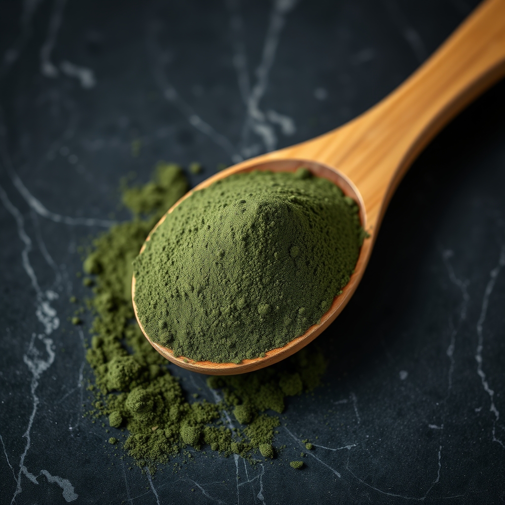 Spirulina powder in a wooden spoon against a dark stone background